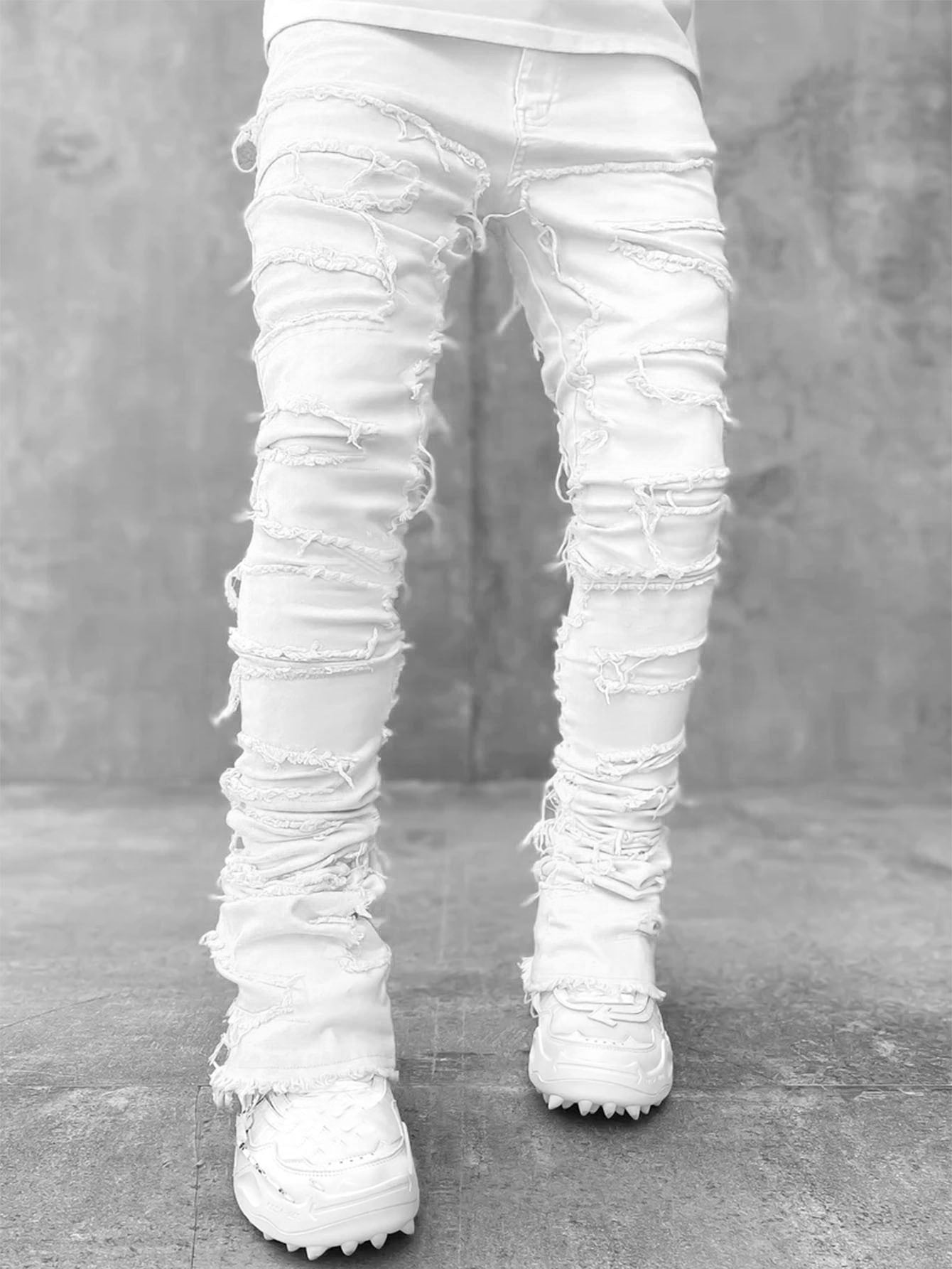Ins Fringes Ripped Trousers Individual Patched Pants Long Tight Fit Stacked Jeans for Mens Clothing